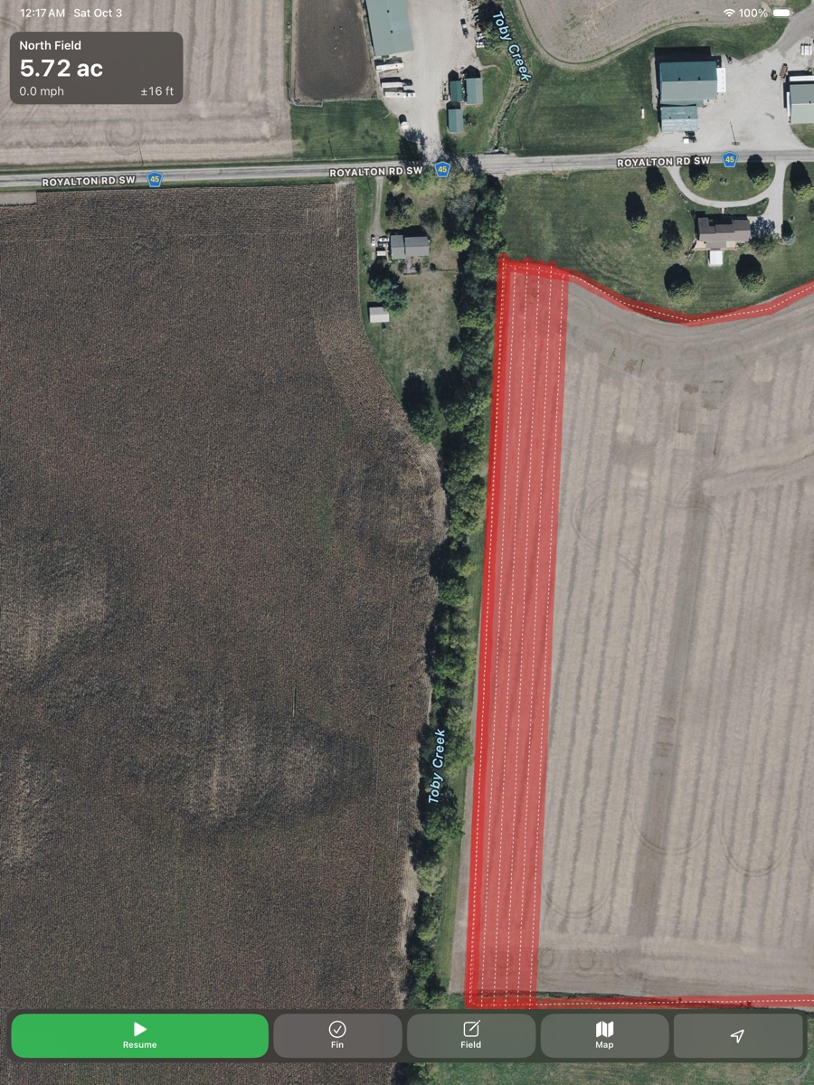 Farm Sprayer GPS on an iPad showing painted passes across a field