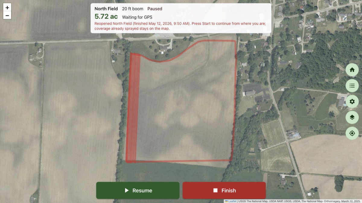 Farm Sprayer GPS for Windows tracking a field with an external receiver